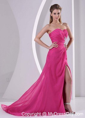 Hot Pink Sweetheart Beading Prom Dress for Women with High Slit