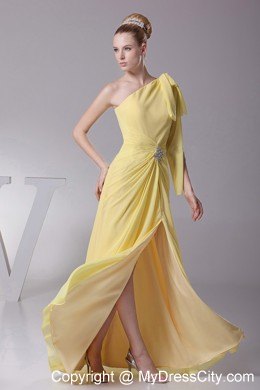 Light Yellow Dress for Prom with One Shoulder and High Silt