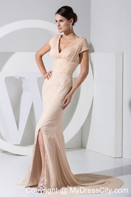 V-neck Prom Dress with Brush Train and Peekaboo Keyhole Back