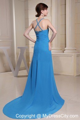 High Slit Prom Dress with Asymmetrical Neckline and Brush Train