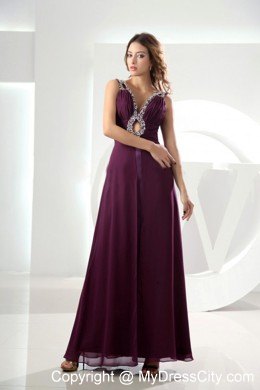 Beading Chiffon Purple Prom Dress with Cut Outs and V-neck