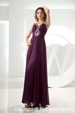 Beading Chiffon Purple Prom Dress with Cut Outs and V-neck