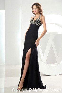 Halter Top Beading Slit Black Cool Back Prom Dresses for Cheap