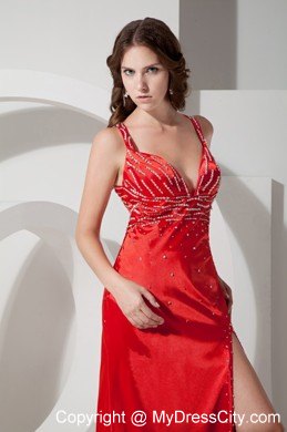 Elastic Woven Satin Straps Beading High Slit Prom Dress for Girls