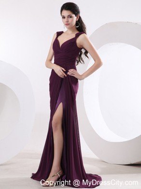 V-neck Brush Train Prom Dress with High Slit and Cap Sleeves