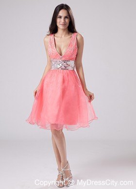 Watermelon Paillette V-neck A-Line Knee-length Prom Dress