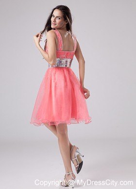 Watermelon Paillette V-neck A-Line Knee-length Prom Dress