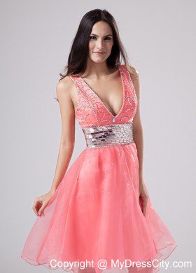 Watermelon Paillette V-neck A-Line Knee-length Prom Dress