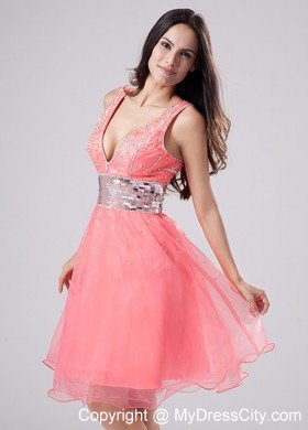 Watermelon Paillette V-neck A-Line Knee-length Prom Dress