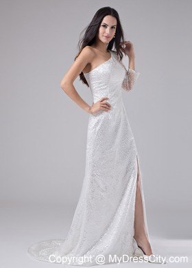 White One Shoulder Sequins Prom Gown with Single Shoulder