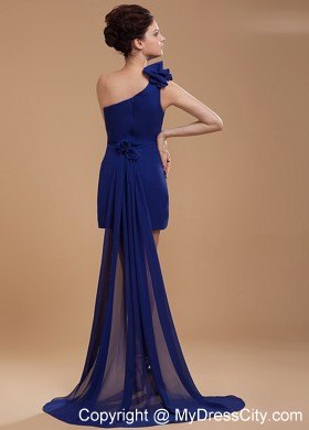 One Shoulder Royal Blue Flower Prom Dress with Train