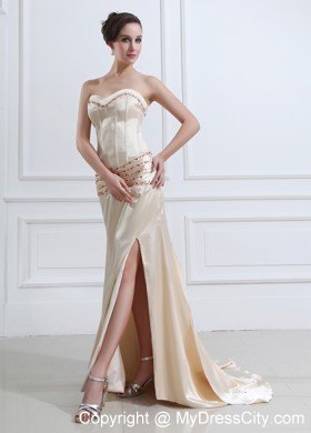 Champagne Skinky Beaded Evening Dress with Court Train