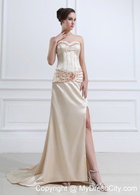 Champagne Skinky Beaded Evening Dress with Court Train