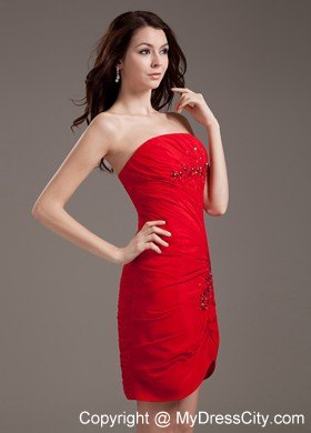 Red Strapless Short Beaded Decorate Prom Gown