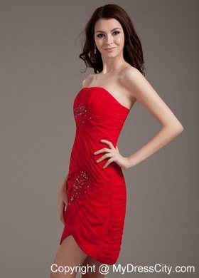 Red Strapless Short Beaded Decorate Prom Gown