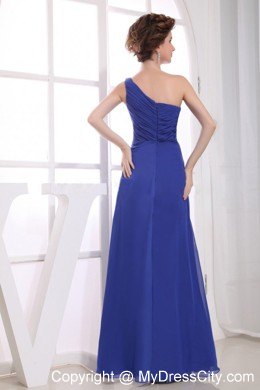 Beading Decorate High Slit One Shoulder Blue Prom Dresses