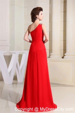 Red One Shoulder Appliques Evening Dress with High Slit