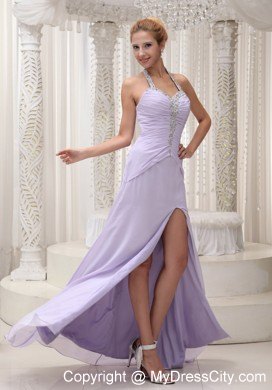 Beaded Decorate Halter Top Lilac Prom Evening Dress