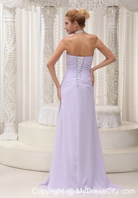 Beaded Decorate Halter Top Lilac Prom Evening Dress