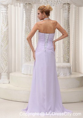 Beaded Decorate Halter Top Lilac Prom Evening Dress