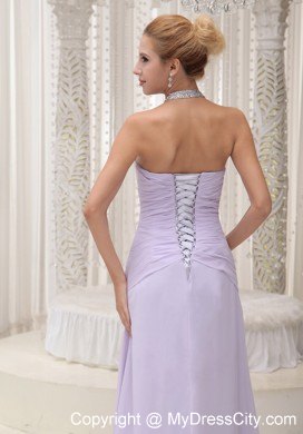 Beaded Decorate Halter Top Lilac Prom Evening Dress