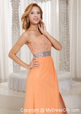 Orange One Shoulder Beaded Prom Gowns with Sider Zipper