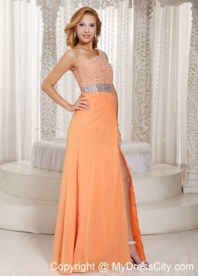 Orange One Shoulder Beaded Prom Gowns with Sider Zipper