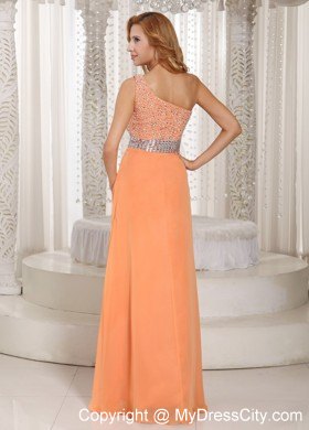 Orange One Shoulder Beaded Prom Gowns with Sider Zipper