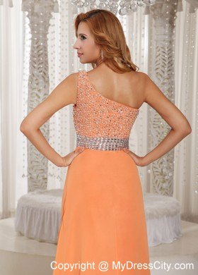 Orange One Shoulder Beaded Prom Gowns with Sider Zipper