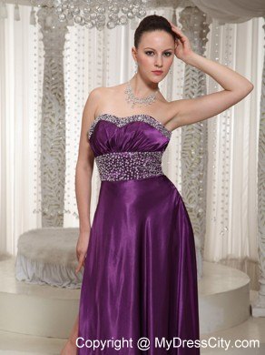 Satin Eggplant Purple Beaded Evening Dress with Slit