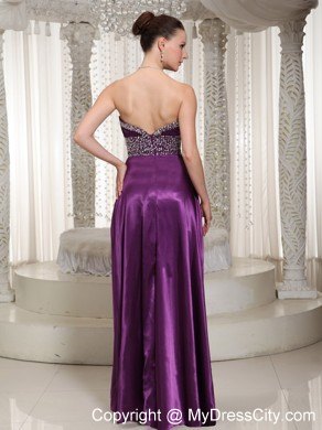 Satin Eggplant Purple Beaded Evening Dress with Slit