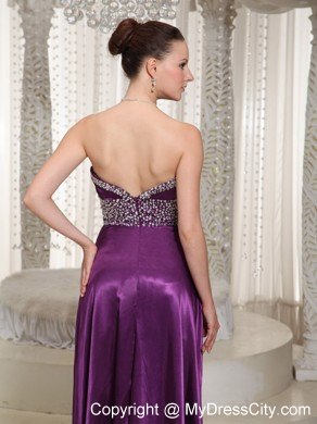 Satin Eggplant Purple Beaded Evening Dress with Slit