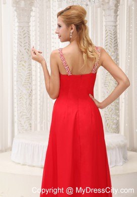 Beaded Straps High Slit Red Prom Evening Dress