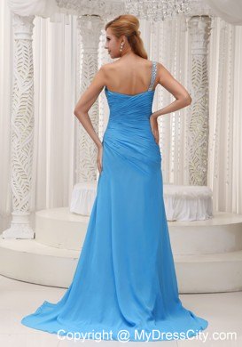 Blue Chiffon Beading Prom Evening Dress with Train