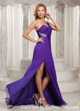 Purple High Slit One Shoulder Ruched Prom Dress