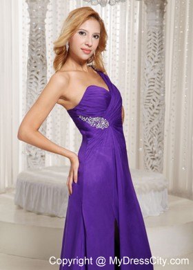 Purple High Slit One Shoulder Ruched Prom Dress