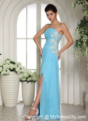 High Slit Baby Blue 2013 Strapless Appliqued Prom Gown