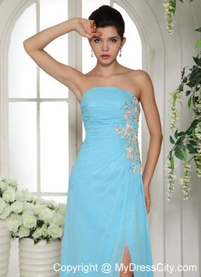 High Slit Baby Blue 2013 Strapless Appliqued Prom Gown