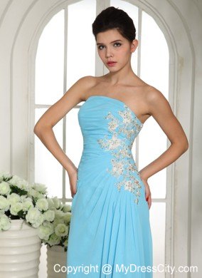 High Slit Baby Blue 2013 Strapless Appliqued Prom Gown