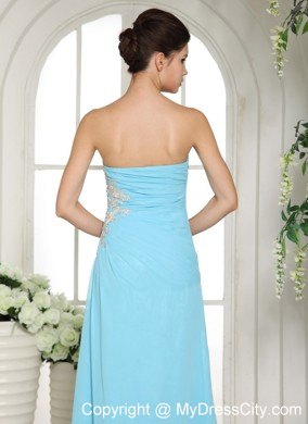 High Slit Baby Blue 2013 Strapless Appliqued Prom Gown