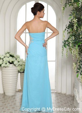 High Slit Baby Blue 2013 Strapless Appliqued Prom Gown