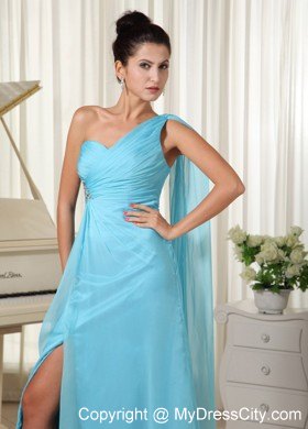 Asymmetrical Blue Chiffon Prom Dress with Chiffon High Slit