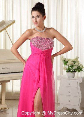 High Slit Strapless Beaded Decorate Bust Hot Pink Prom Dress