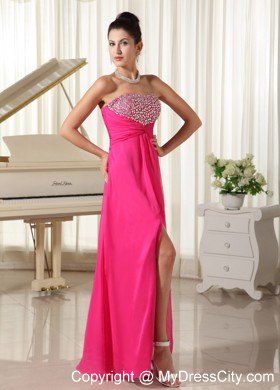 High Slit Strapless Beaded Decorate Bust Hot Pink Prom Dress