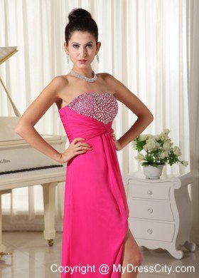 High Slit Strapless Beaded Decorate Bust Hot Pink Prom Dress