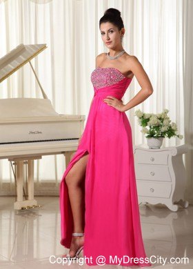 High Slit Strapless Beaded Decorate Bust Hot Pink Prom Dress