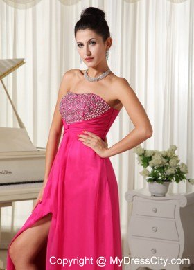 High Slit Strapless Beaded Decorate Bust Hot Pink Prom Dress