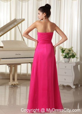 High Slit Strapless Beaded Decorate Bust Hot Pink Prom Dress