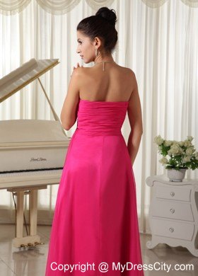 High Slit Strapless Beaded Decorate Bust Hot Pink Prom Dress