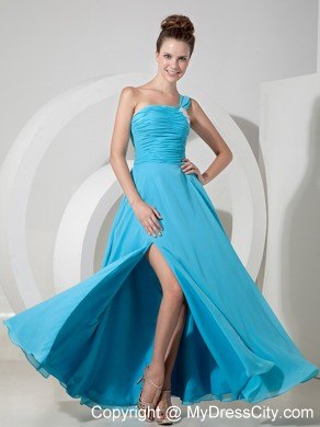 Exquisite Aqua Blue One Shoulder Chiffon Ruched Prom Dress